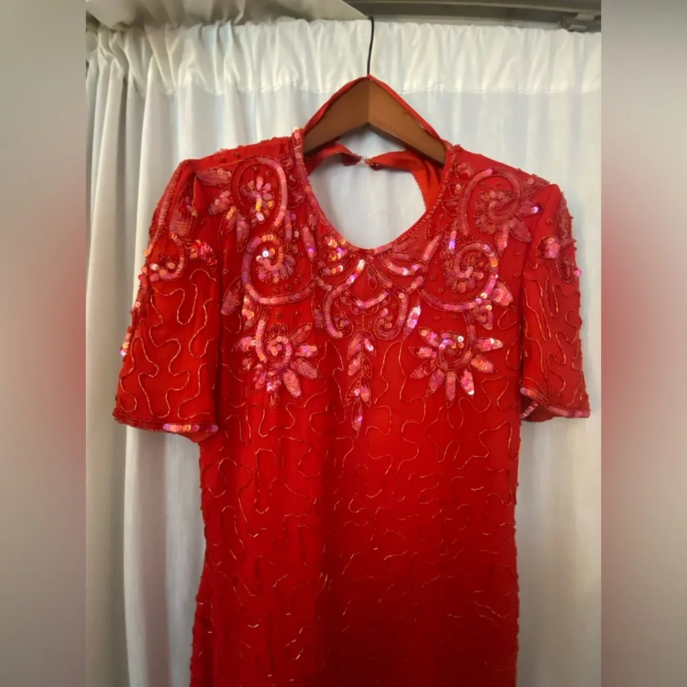 Beaded Red 80’s style Dress with Shoulder Pads Silky Nights New York - Picture 2 of 13